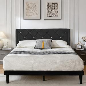 Queen Size Platform Bed Frame with Velvet Upholstered Headboard and Sturdy Wooden Slats Support,Mattress FoundationEasy Assembly, No Box Spring Needed,Slip Resistant (Black, Queen)