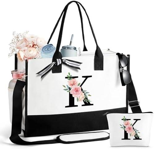 Mothers Day Gifts for Women Birthday Gifts for Women Large Initial Canvas Tote Bag Makeup Bag Beach Travel Shopping (Black Letter Pink Floral)
