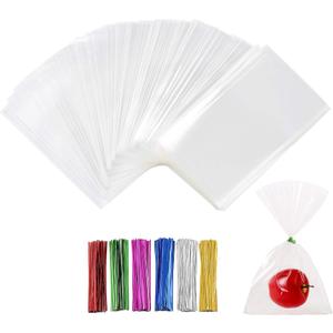 400 PCS 3" x 5" Thick Clear Cello Treat Bags Durable Plastic Cellophane Bag With Ties Packing Bakery Popcorn Cookies Candies Lollipop Treat Poly Bags