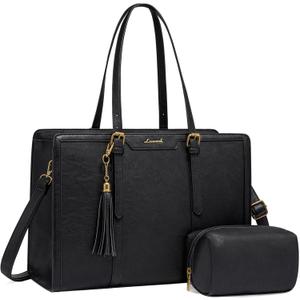 LOVEVOOK Laptop Bag for Women Vintage Leather Laptop Tote 15.6 inch Large Capacity Computer bag with Clutch Purse for Work (Black)