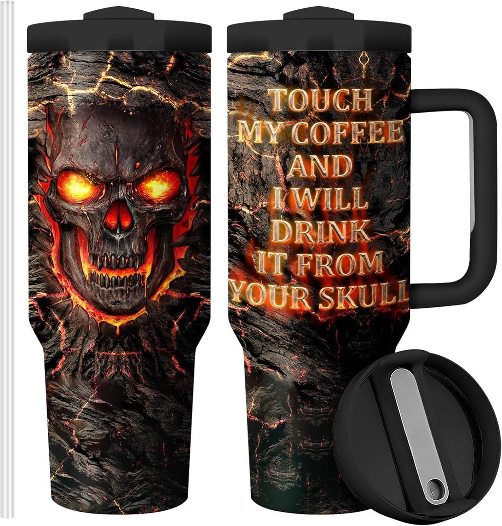 Fire Lava Skull Touch My Coffee And I Will Drink it for My Our Skull 40oz Insulated Tumbler,Funny Tumbler Gift for Him,Stainless Steel Vacuum Mug,Birthday Gifts for Men(Pack of 1)