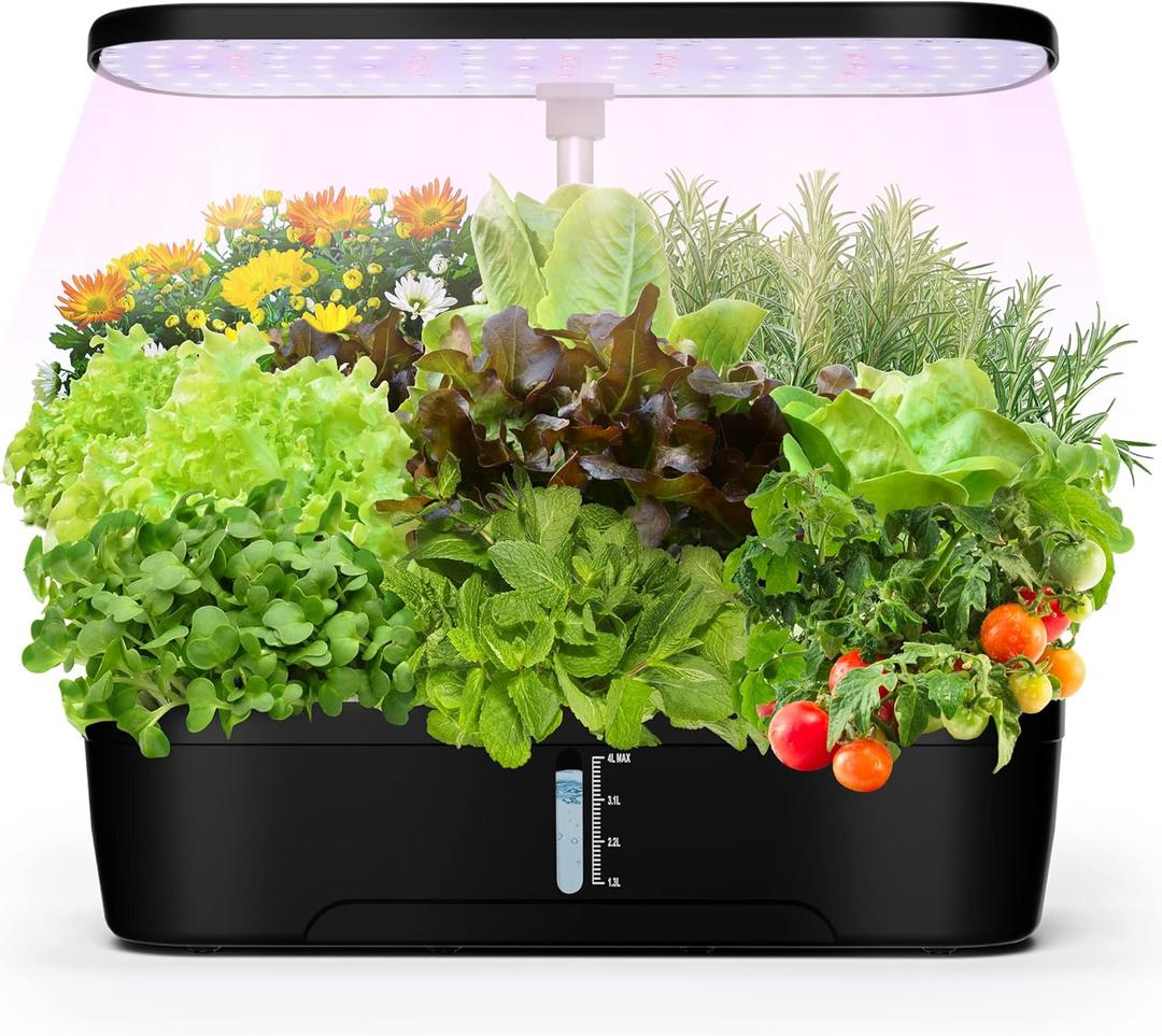 Indoor Garden Hydroponics Growing System 12 Pods, Indoor Herb Garden with LED Grow Light, Adjustable Height Up to 12inch, Hydroponics for Family (Pure Black)