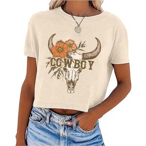 Vintage Western Crop T-Shirt for Women Cowgirl Tops Country Music Shirt Retro Cowboy Graphic Cropped Tees Tops (Beige, M)