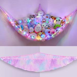 Unicorn Castle Stuffed Animals Net or Hammock Kids Toy Storage Organizer with LED Light Hanging Corner Stuffed Animals Holder Kids Girls Room Decor,Pink-Purple-Yellow,Large (Pack of 1)
