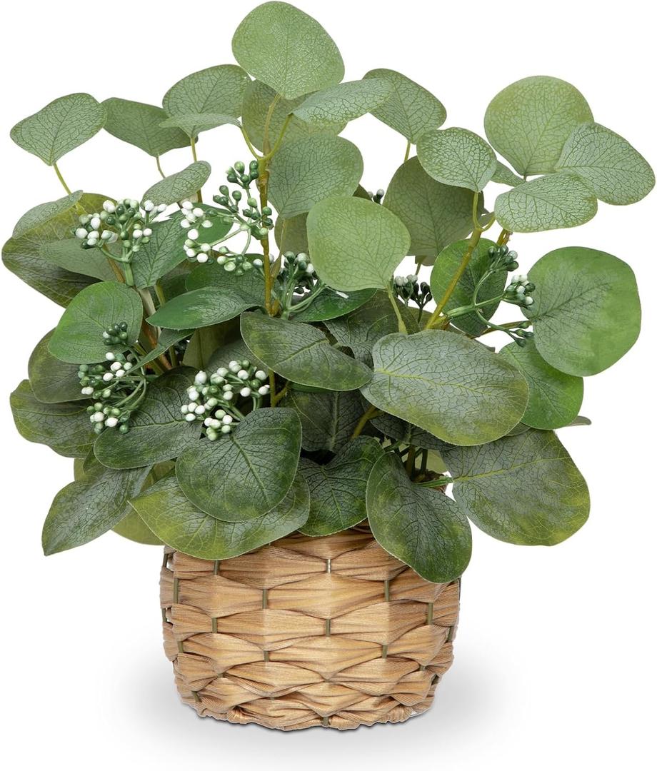 DILATATA Artificial Eucalyptus Stems in Woven Basket Planter, 12" Fake Plant Eucalyptus Leaves with Green Seeds Faux Potted Plant Greenery for Table Centerpiece Office Indoor Home Decor