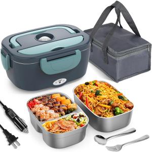 Electric Lunch Box Food Heater, 3 in 1 Ultra Quick Heated Lunch Boxes for Adults, 12V/24V/110V Portable Food Warmer for Car/Truck/Office With Fork Spoon and Insulated Carry Bag (Gray 2 SS Containers)