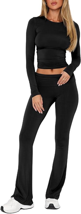 AGECODE 2 Piece Outfits Lounge Sets for Women Ruched Long Sleeve Tops Flare Yoga Pants Tracksuit Workout Sets L
