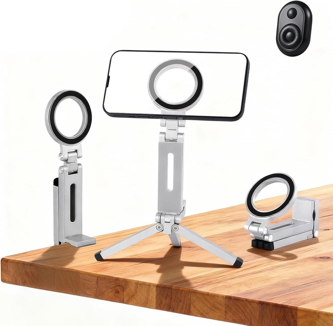360Rotating for MagSafe Tripod Mount, Adjustable Aluminum Magnetic Foldable Cell Phone Stand Fits Vlog, Gym, Travel Essentials Accessories