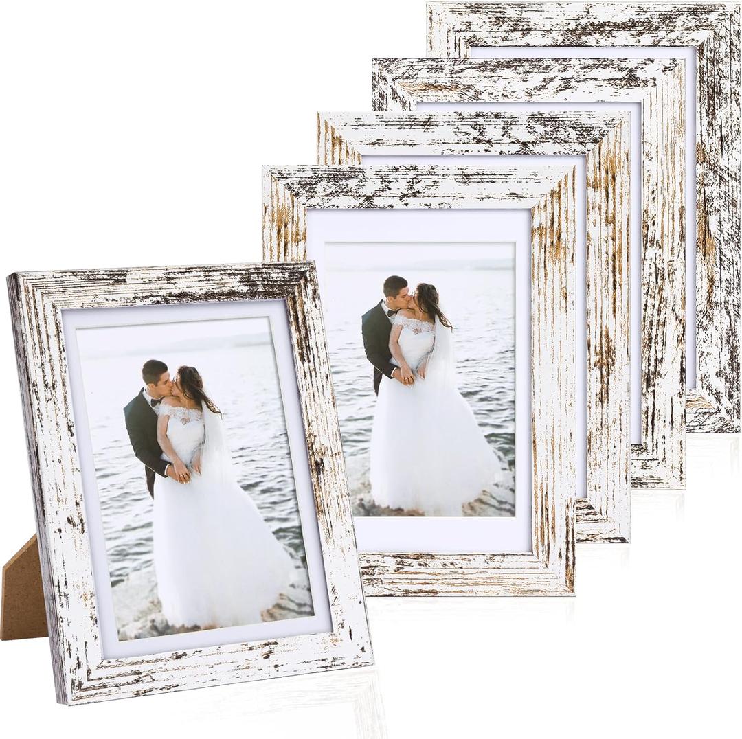 Fixwal 4x6 Picture Frames Set of 5 with Distressed White Wood Grain and HD Real Glass Cover, Vintage Photo Frames for Wall Decor Mounting and Tabletop Display