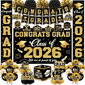 2026 Graduation Decorations - Black Gold Congrats Grad Party Supplies include Card Box, Backdrop, Banner and Balloons for Class of 2026 Decorations Set