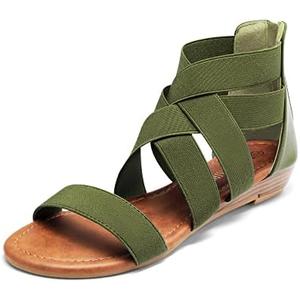 DREAM PAIRS Women's Elastic Ankle Strap Low Wedges Sandals 7.5 Army/Green