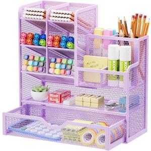 Marbrasse Mesh Pen Holder for Desk, Multi-Functional Pencil Organizer with Drawer, Desk Organizers and Accessories for Office Art Supplies (Purple)