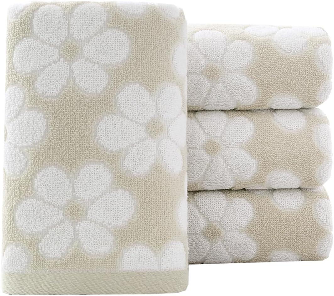 Pidada Hand Towels Set of 4 Floral Pattern 100% Cotton Soft Absorbent Decorative Towel for Bathroom (Brown)