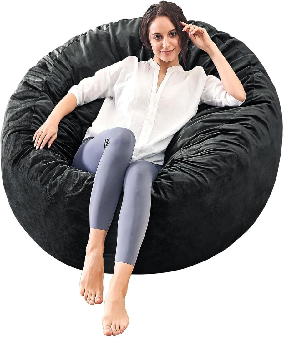 Bean Bag Chairs for Adults - Memory Foam Furniture BeanBag Chair - Kids/Teens Sofa with Soft Micro Fiber Cover - Round Fluffy Couch for Living Room Bedroom College Dorm - Carbon Black (Medium)