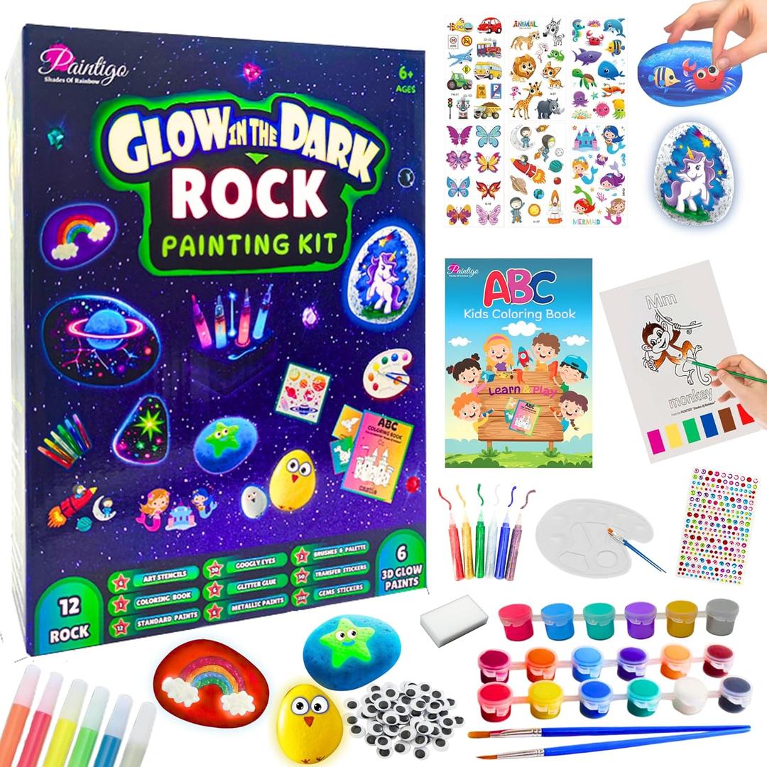Rock Painting Kit for Kids Ages 612  Glow in The Dark Arts & Crafts Set with Stencils, Water Coloring Book, Craft Paint Supplies & DIY Toy for Boys and Girls Birthday Gift