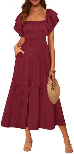 MASCOMODA Womens Summer Casual Midi Dress Square Neck Ruffle Short Sleeve Smocked High Waist A Line Wedding Guest Dresses M