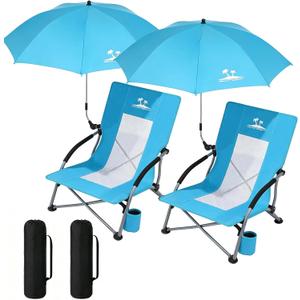 2PCS Folding Beach Chair with Umbrella, Low Profile Portable Sand Chair for Adults, Breathable Mesh Beach Seat with Cup Holder, Heavy Duty Lightweight Camping Chair for Travel, Ocean Blue