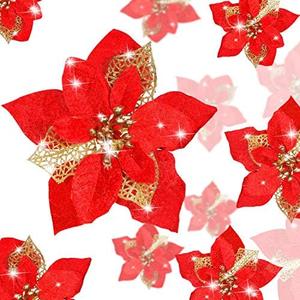 WILLBOND 36 Pieces Christmas Poinsettia Glitter Faux Flowers Christmas Artificial Flowers Tree Ornaments Topper Xmas Decorations(Red)