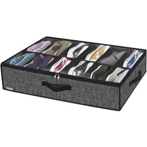 Onlyeasy Under Bed Shoe Storage Organizer with Sturdy Handles and Clear Window 1 Pack Fits 12 Pairs, Premium Foldable Underbed Shoes Container Box for Closet, Breathable, Linen-like Black, MXAUBSB1P