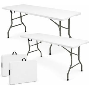 Set of 2 Folding Table 6 FT Lightweight Camping Table White Portable Plastic Rectangular Outdoor Dining Table Steel Legs Fold-in-Half with Carrying Handle for Indoor,Picnic,Party,Wedding,Events