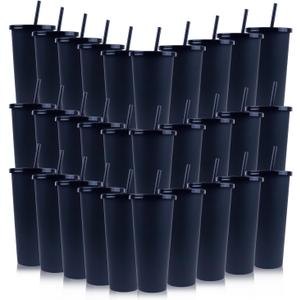 30 Pack Halloween Black Plastic Cups with Lids and Straws, 24 oz Disposable Plastic Tumblers Iced Coffee Cups Travel Mug Cup for Juices Birthday Bachelorette Party Wedding (Black,24 oz)