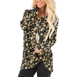 NILOUFO Womens Long Sleeve Shirts Casual Blouses Trendy Twist Knot Tunics Tops for Leggings(Yellow Flower, Small) (Black, S)