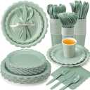 Ziliny 350 Pcs Sage Green Plates and Napkins, 50 Guest Graduation Party Supplies Include Scalloped Paper Plates Napkins Cups Plastic Spoons Forks Knives Disposable Tableware Set for Baby Shower