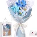 Graduation Crochet Flowers Bouquet Gift 2026 Congrats Grad Gift for Women Crochet Tulips Completed Handmade Bouquet with Card for Her Graduates Teacher Appreciation Nurse Birthday Decor(Blue)