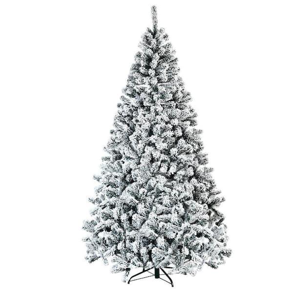 7.5 FT Snow Flocked Christmas Tree, Artificial Holiday Hinged Pine Tree with 1010 Branch Tips, Solid Metal Stand, Premium Xmas Full Fake Tree for Home, Office, Party Decoration