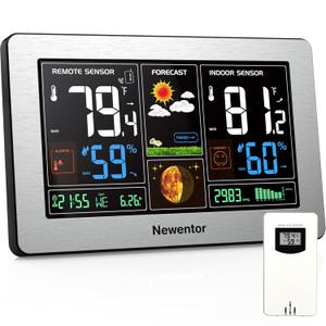 Newentor Weather Station Wireless Indoor Outdoor Thermometer, Color Display Digital Weather Thermometer with Atomic Clock, Barometric Pressure, Forecast Station with Adjustable Backlight, Sliver