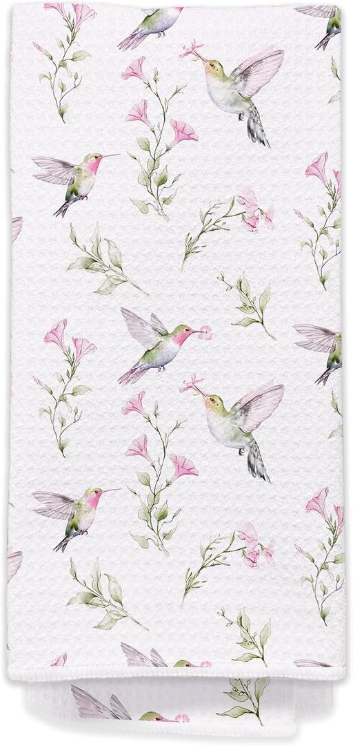 Spring Floral Hummingbird Kitchen Towels, Farmhouse Botanical Bird Hand Towels for Bathroom Kitchen, Cottagecore Pink Flower Decorative Dish Tea Towel Dishcloth, 16x24 Inch-621