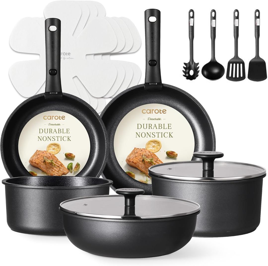 CAROTE 17Pcs Pots and Pans Set Non Stick, Cookware Set Detachable Handle, Nonstick Induction Kitchen Sets Non Stick with Removable Handle, RV Cook Ware, Oven Safe, Black
