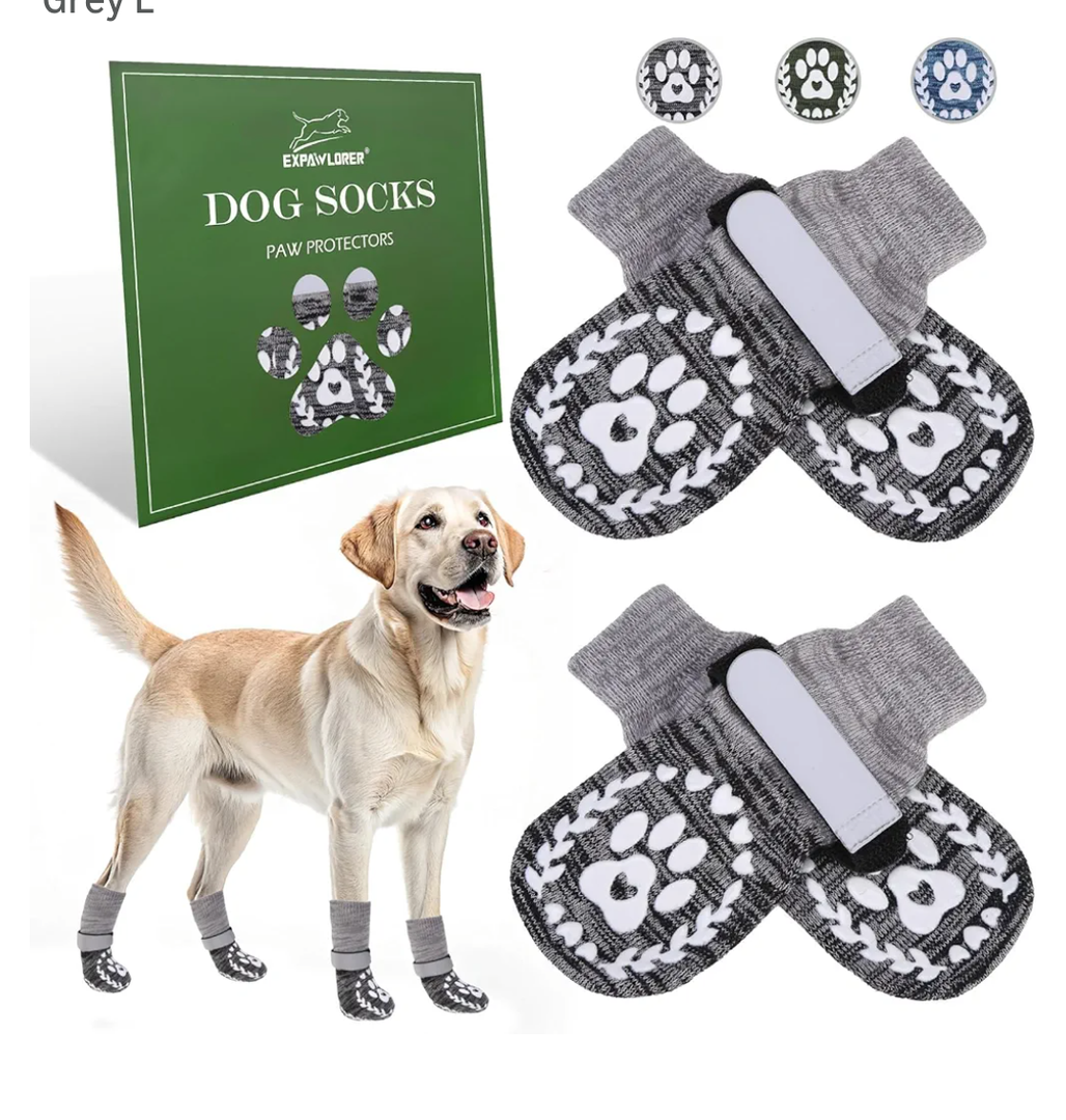 EXPAWLORER Dog Socks to prevent Licking and Slipping, Winter Dog Shoes for Cold Weather Snow, Paw Protectors for Hardwood Floors Anti-Slip, Dog Booties for Small Medium Large Senior Dogs, Black Grey L