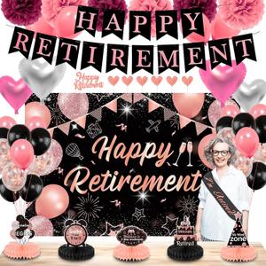 55PCS Happy Retirement Party Decorations Women, Retirement Sign Backdrop Honeycomb Centerpiece Balloons Paper Pompoms Retired Sash Banner and Cake Toppers Party Supplies Set (Black Rose Pink)
