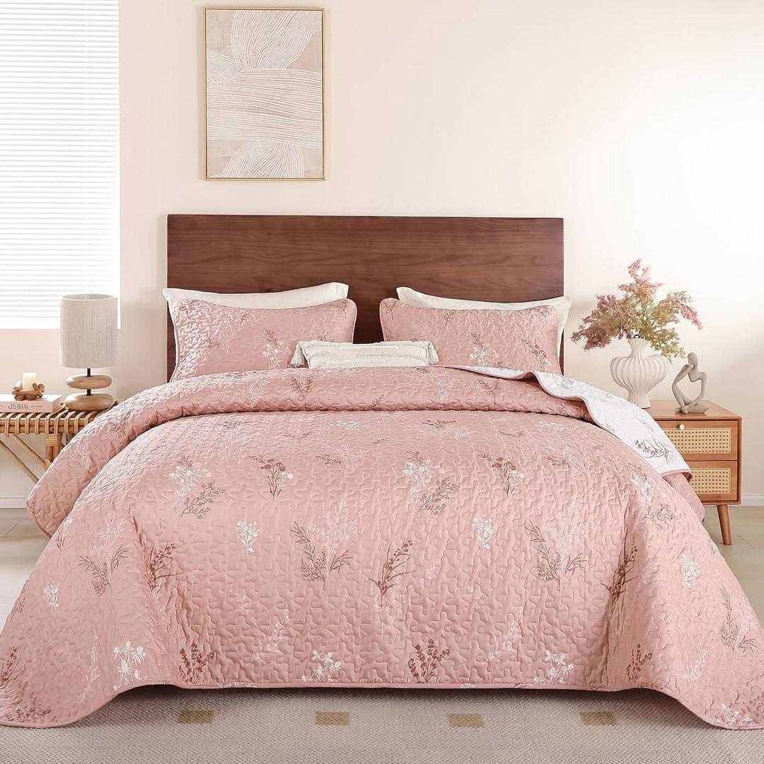 Drucon Blush Pink Quilt Set King Size 3 Pieces Floral Branch Botanical Quilt Bedspread, Reversible Floral Leaves Pattern Lightweight Microfiber Bedding Coverlet Set for All Season