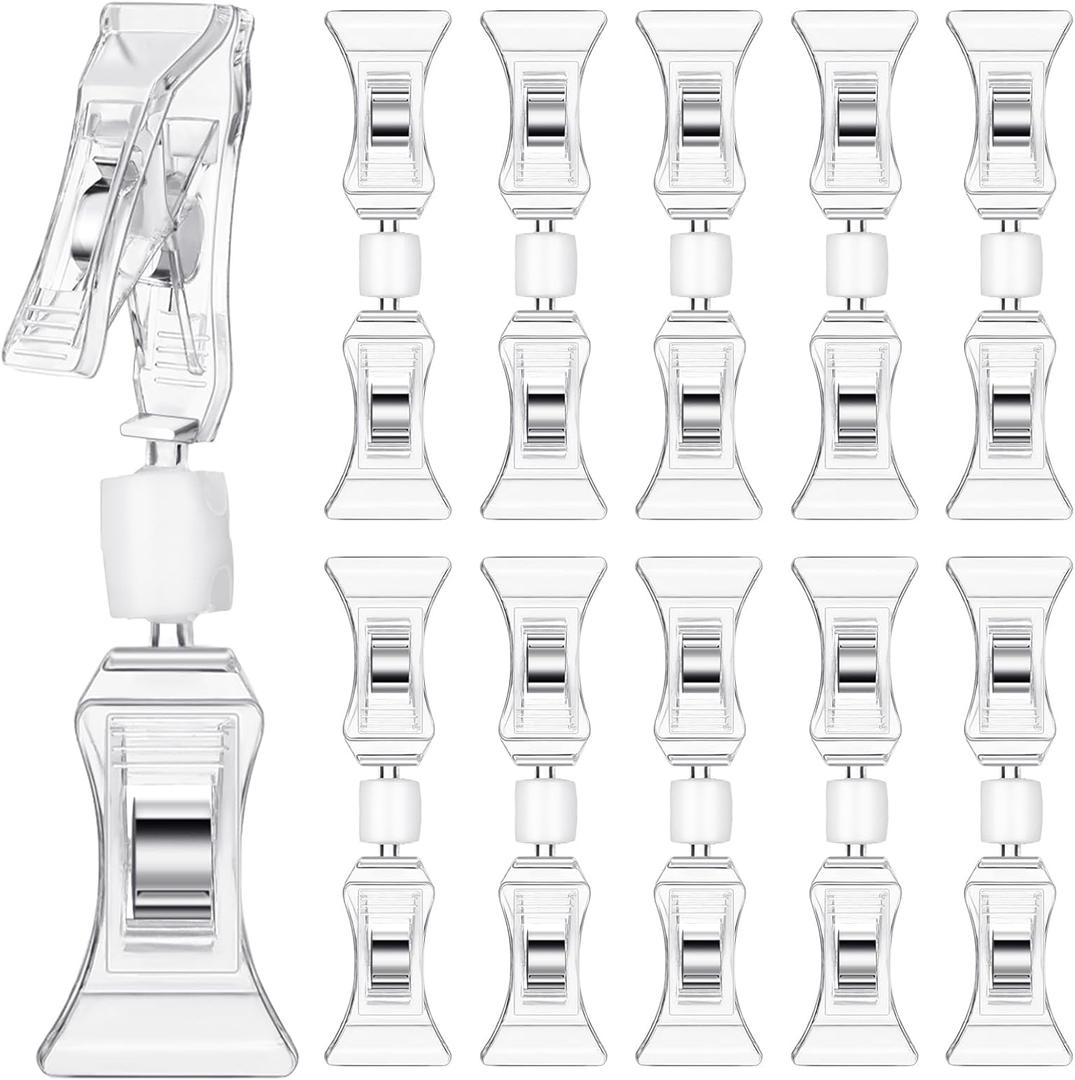 Colarr 50 Pcs Double Sided Sign Clips - Rotatable Mini Clip Clear Plastic Sign Holder Stand for Label Clothing Business Cards Retail