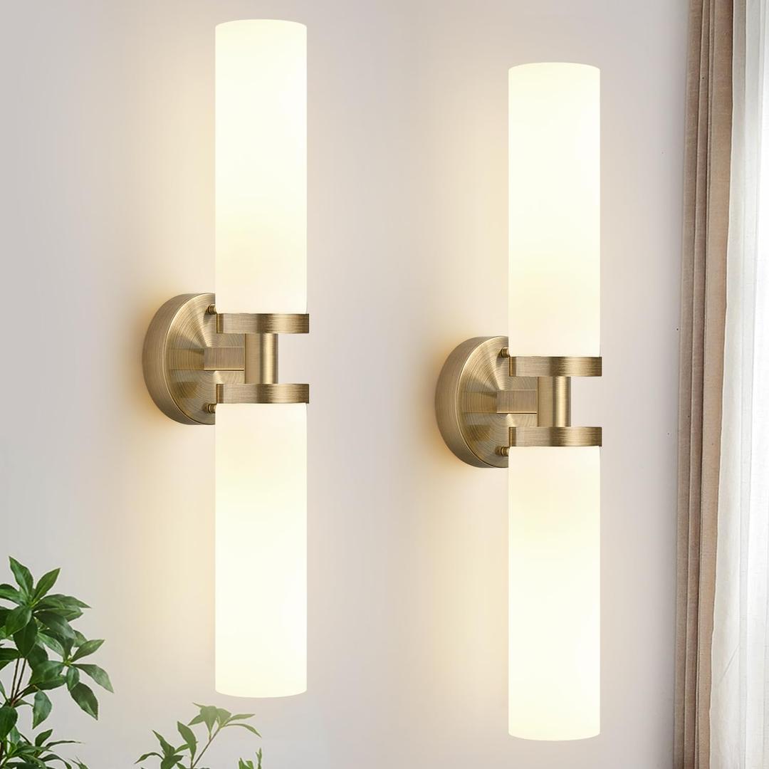 Wall Sconces Set of Two, Brass Bathroom Sconces Wall Lighting with Milky White Glass, Modern Sconces Wall Decor Set of 2 Bathroom Light fixtures for Mirror Living Room Hallway Bedroom