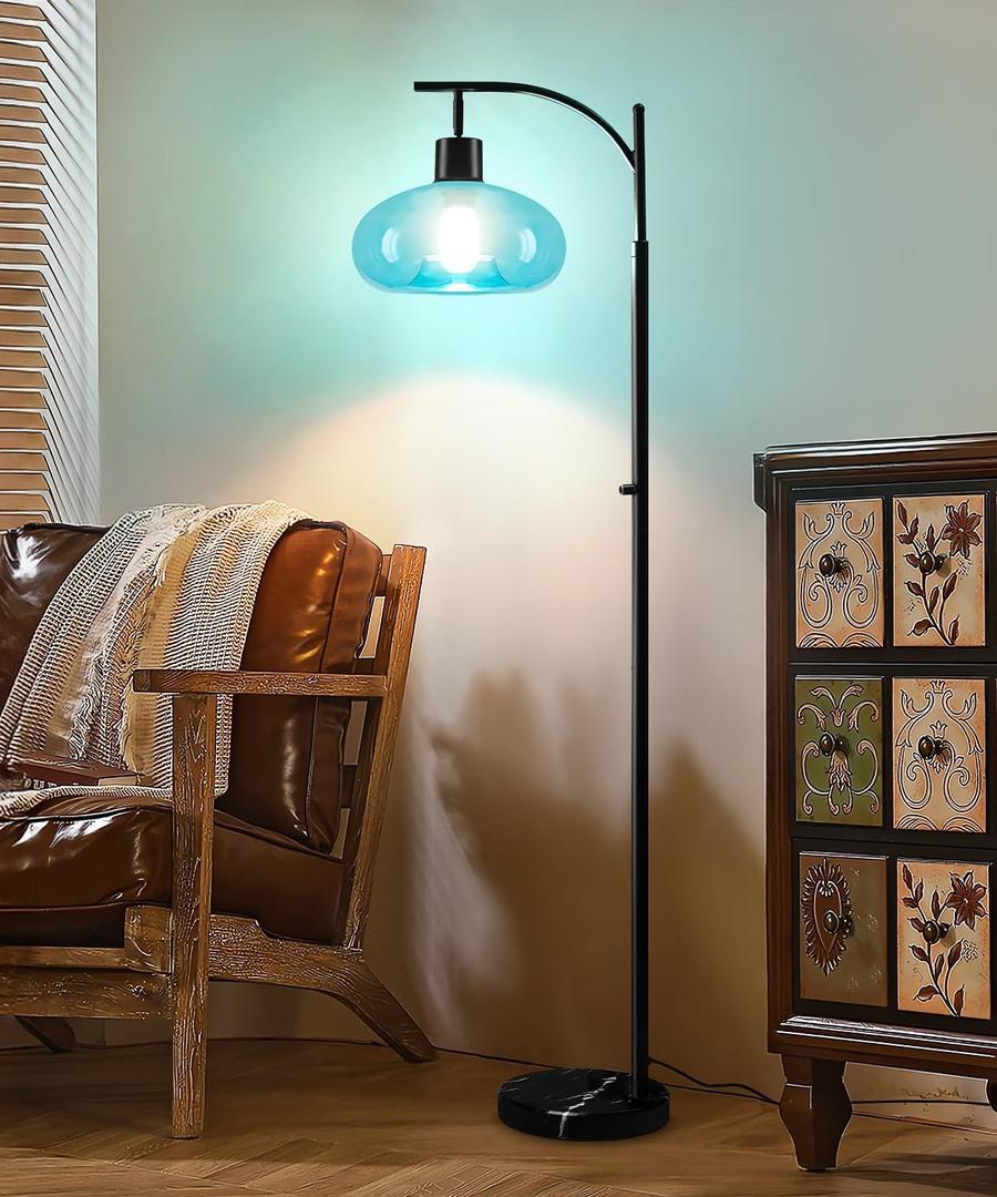 Floor Lamps for Living Room, Dimmable Modern Standing Lamps for Home Decor, Industrial Tall Pole Lamp for Office Bedroom, with Handblown Blue Glass Mushroom Shade and Marble Base, Bulb Included