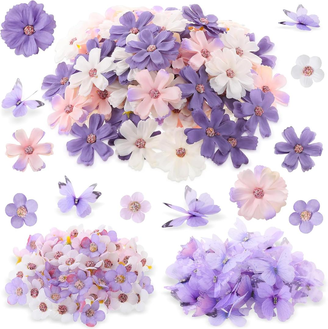 Tigeen 250 Pcs Faux Flower Heads Organza Butterfly Set Includes 200 Silk Daisy 50 Butterfly Embellishments Artificial Flowers Heads 3D Butterflies for DIY(Purple Colors)