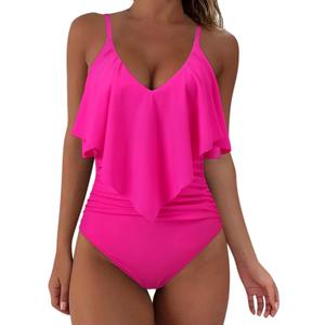 SUUKSESS Women Slimming Ruffle One Piece Swimsuits Ruched Tummy Control Bathing Suits (Large, #1 Hot Pink)