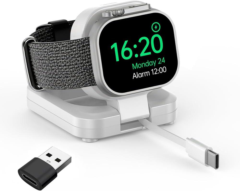 Portable Magnetic Charging Dockr for Apple Watch,Foldable Wireless Fast Charger Stand with 2.3 ft Retractable USB C Cable for Apple Watch Series10/9/8/7/6/5/4/3/2,Ultra/2/SE (White)