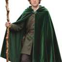 L'VOW Medieval Green Hobbit Cloak Renaissance Elf Hooded Cape wtih Leaf Brooch Clasp