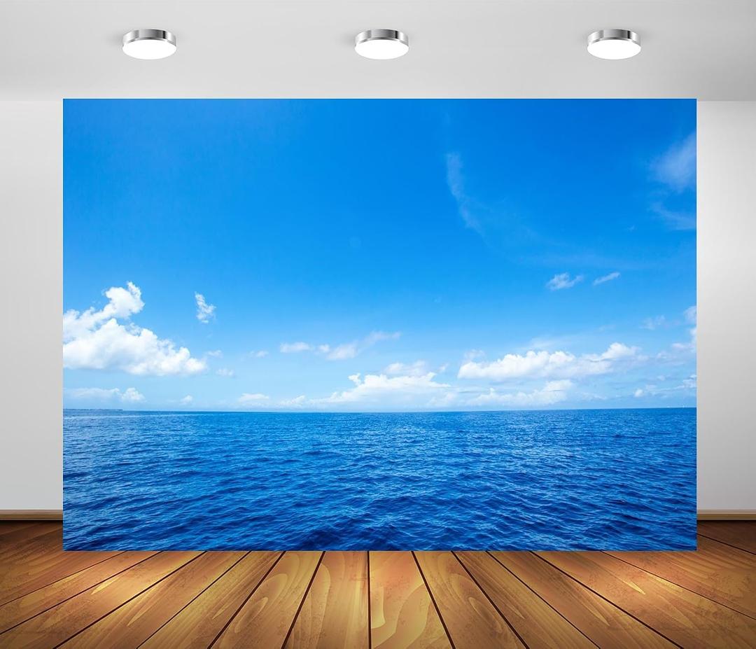 BELECO 7x5ft Fabric Blue Ocean and Sky Backdrop Blue Sky White Clouds Sea Water Waves Photography Background Baby Shower Wedding Birthday Party Decor Children Adult Portrait Photo Props