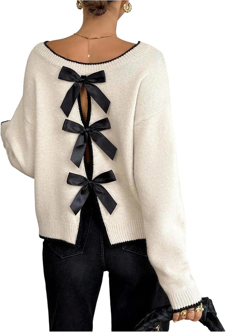 SOLY HUX Women's Sweaters Bowknot Backless Long Sleeve Knit Pullover Tops Fall Clothes Apricot Bows Medium