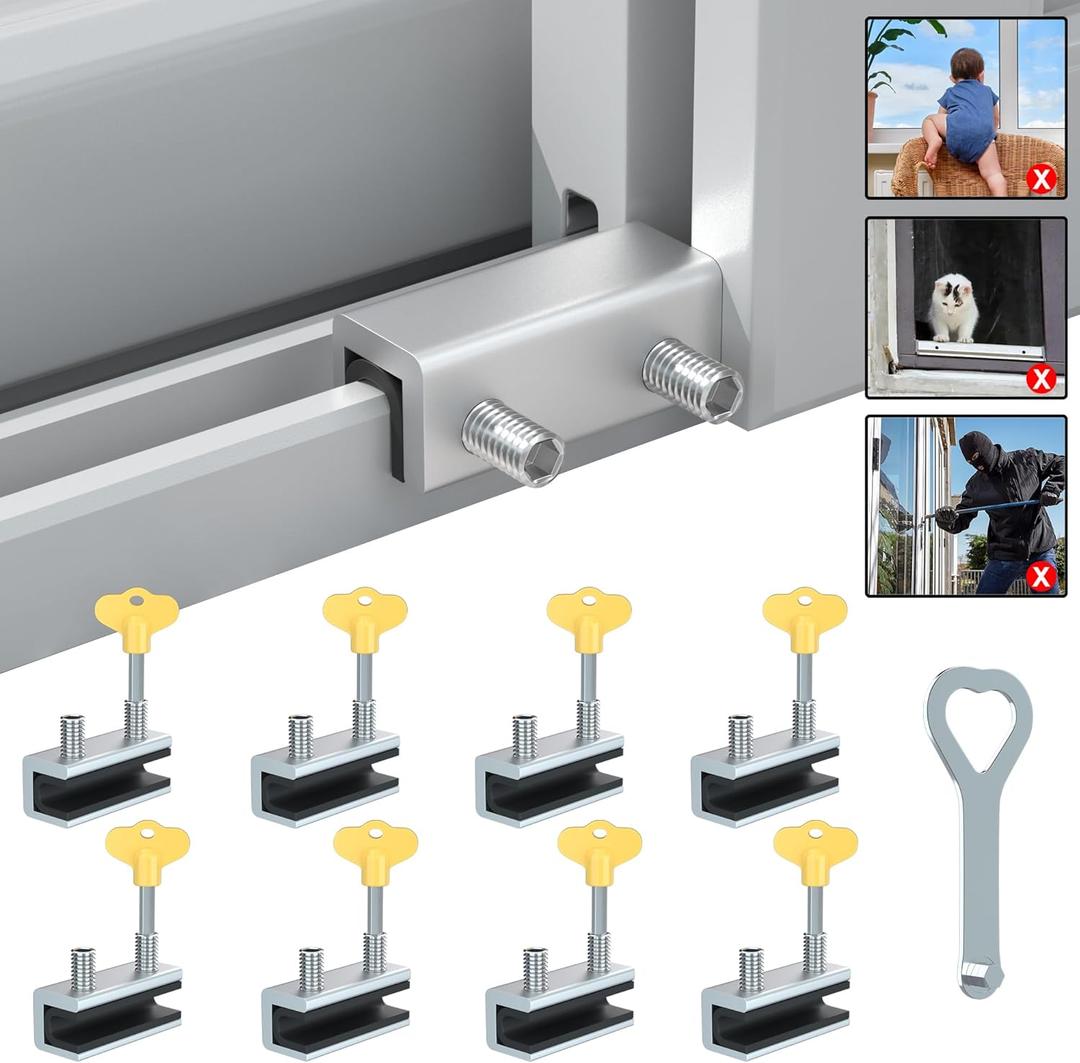 RELIANCER 8 Sets Sliding Window Locks,Aluminum Security Door Window Stoppers,Adjustable Safty Windows Lock for Horizontal & Vertical Fenster Doors,Child Proof Slider Windows Blocker for Home Safety