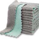 kimteny 12 Pack Kitchen Cloth Dish Towels, Premium Dishcloths, Super Absorbent Coral Velvet Dishtowels, Nonstick Oil Washable Fast Drying (Green-Grey)