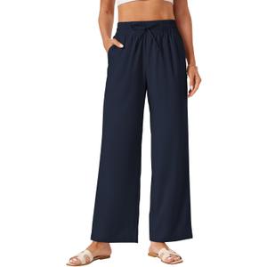Wide Leg Linen Pants Women Palazzo Flowy Beach Casual Loose Drawstring Boho Summer Pants 2025 with Pockets (Large, Navy Blue)
