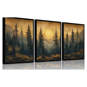 Framed 3pcs Vintage Pine Forest Wall Art Nature Landscape Full Moon Canvas Prints Woodland Picture Poster Misty Forest Paintings Wall decor for Living Room Bedroom O