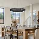 Black Ring Chandelier 24 Dimmable Modern LED Chandeliers Wicker Woven Round Foyer Chandelier Light with Remote Control Farmhouse Circular Pendant Light for Dining Room Foyer Entryway Bedroom