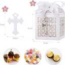LEMESO 50 Pack Baptism Laser Cut Favor Boxes 2x2x3 Inch White Small Gift Boxes with Dotted Fold Lines Silk Ribbons and Cross Tags for Christening First Communion Wedding Baby Shower Bautizo